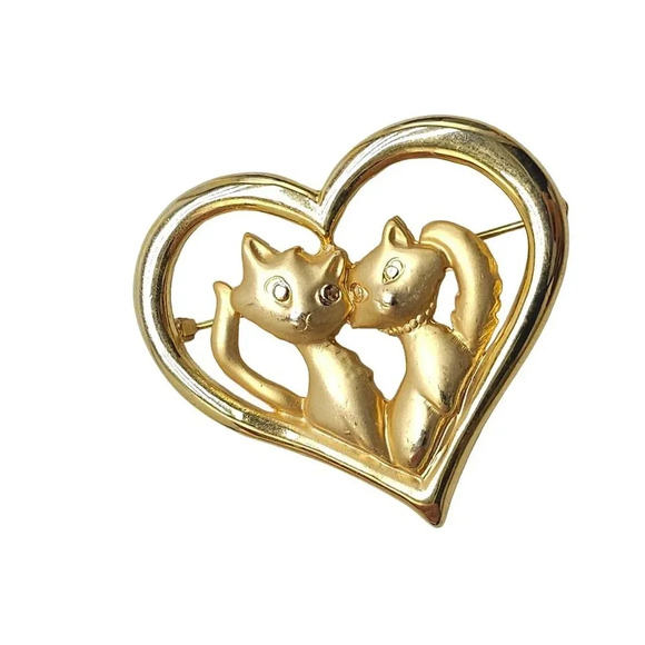 Danecraft Couple Cats Heart Brooch Pin Gold Tone Vintage - Picture 2 of 4